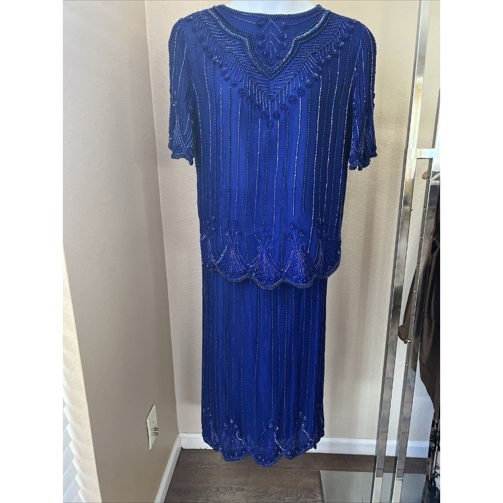 Vintage Mark & John pure silk beaded Sequin Blue Top Blouse & Skirt Size L